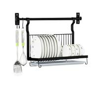 TentHome Égouttoir à Vaisselle Pliable Noir INOX Murale, Petit Egouttoir Vaisselle avec Bac et 5 Crochets, Porte Ustensiles Cuisine Accessoires Mural, Seche Support Rangement Vaisselle Assiette Bol