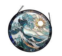 Tenture de fenêtre en vitrail avec vagues bleues et blanches, attrape-soleil pour la maison, le jardin, la cour, décoration de pendaison de crémaillère, cadeau de pendaison de crémaillère, vagues