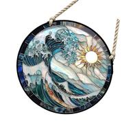 Tenture de fenêtre en vitrail avec vagues bleues et blanches, attrape-soleil pour la maison, le jardin, la cour, décoration de pendaison de crémaillère, cadeau de pendaison de crémaillère, vagues