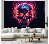 Tenture Murale Crâne Enflammé Tapisserie Murale Illustration De Style Cyberpunk 150L X 100L Cm Réutilisable Tissu Mural Wall Art Tapestry Décoration Poster Pour Chambre Salon Fête Dortoir,Bleu Rouge