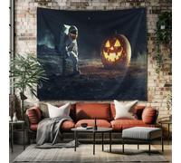 Tenture Murale Halloween Lanterne Citrouille Tapisserie Artistique Effet 3D Décor Mural Science Fiction Astronaute pour Chambre à Coucher, Idée Cadeau Esthétique pour Dortoir 230x180 cm