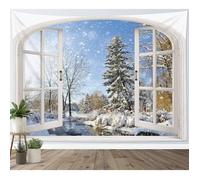 Tenture murale paysage d'hiver - KAGOLOW - Vue sur des cèdres enneigés depuis une fenêtre - 150 x 130 cm