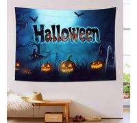 Tenture Murale Texte D'Horreur Scène De Citrouille Tapisserie Murale Arrière-Plan 150L X 130L Cm Réutilisable Tissu Mural Wall Art Tapestry Décoration Poster Pour Chambre Salon Fête Dortoir,Bleu Foncé