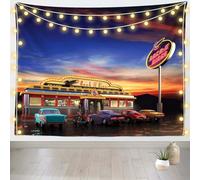 Tenture Retro American Diner Vintage 50S Diner On Route 66 With Neon And Classic Car Sunset 1950S Tapisseries Murales Déco Dortoir Tapisserie Murale Décor À La Maison Pour Fête Dortoir S