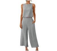 Tenue 2 Pièces Femme Gilet D'été Coton et Lin Couleur Unie Survêtement Col Rond Chic et Élégant Débardeur Court et Pantalon avec Poches Ensemble de Salon Deux Pièces Vêtements De Sport