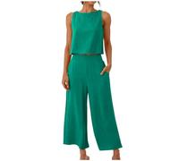 Tenue 2 Pièces Femme Gilet D'été Coton et Lin Couleur Unie Survêtement Col Rond Chic et Élégant Débardeur Court et Pantalon avec Poches Ensemble de Salon Deux Pièces Vêtements De Sport