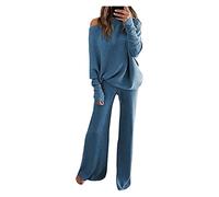 Tenue 2 Pièces For Femmes, Haut Tricoté À Manches Longues, Ample, Tricoté, Loisirs, Manchette Élastique, Ensemble Avec Pantalon, Automne(Blue_X-Large)