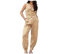 Tenue 2 pièces pour femme, blazer sans manches en coton, gilet et pantalon à jambes larges, style décontracté, couleur unie, ensemble assorti pour le travail, le bureau, kaki, M