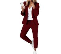Tenue 2 pièces pour femme | Blazer uni ouvert sur le devant et pantalon crayon | Ensemble élégant à revers cranté à double boutonnage pour femme | Blazer de travail pour invitées de mariage, bordeaux