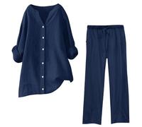 Tenue 2 pièces pour Femme, Chemisier à Jambes Larges, Poches, Pantalon élastique, Ensemble décontracté, col en V, Pantalon, Mode Streetwear Pantalon Stretch Homme Grande Taille