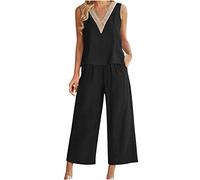 Tenue 2 Pièces Pour Femme Coton et Lin Ensemble Femme Sexy Col en V Haut Court D'été Décontracté Couleur Unie Débardeur Sans Manches et Pantalon À Jambes Larges Ensemble Grande Taille Avec Poches
