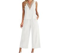 Tenue 2 Pièces Pour Femme Coton et Lin Ensemble Femme Sexy Col en V Haut Court D'été Décontracté Couleur Unie Débardeur Sans Manches et Pantalon À Jambes Larges Ensemble Grande Taille Avec Poches