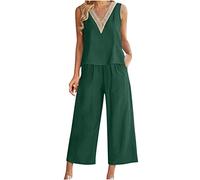 Tenue 2 Pièces Pour Femme Coton et Lin Ensemble Femme Sexy Col en V Haut Court D'été Décontracté Couleur Unie Débardeur Sans Manches et Pantalon À Jambes Larges Ensemble Grande Taille Avec Poches