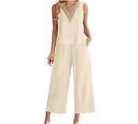 Tenue 2 Pièces Pour Femme Coton et Lin Ensemble Femme Sexy Col en V Haut Court D'été Décontracté Couleur Unie Débardeur Sans Manches et Pantalon À Jambes Larges Ensemble Grande Taille Avec Poches