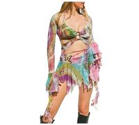 Tenue 2 pièces pour femme - Imprimé papillon - Jupe crop top sexy dos nu - Ensemble de festival rave assorti - Jupe en laine pour femme - Jupes courtes d'hiver avec élastique - Tenue deux pièces pour