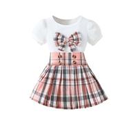 Tenue à carreaux pour petite fille - Manches bouffantes - Tricot côtelé - Jupe à carreaux - Rouge - 5-6 ans