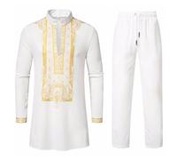 Tenue africaine pour homme - Dashiki africain à manches longues avec imprimé doré et pantalon - Costume traditionnel africain - Dashiki africain - Dashiki à manches longues, Blanc., L