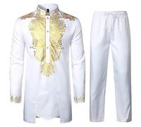 Tenue africaine pour homme, manches longues avec imprimé doré et pantalon, tenue africaine 2 pièces costume traditionnel africain dashiki africain pour homme, Blanc., M