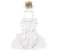 Tenue Anniversaire 1 An Bébé Filles Dentelle Florale Combinaison de Princesse Body Sans Manches à Volants Une Pièce Fête d'anniversaire Tutu Baptême Robe avec Couronne Bandeau Blanc Fleur 18-24 Mois