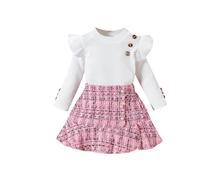 Tenue Automne Hiver Fille Volants Tricot Bouton Haut Carreaux Mini Jupe Culotte Deux Pièces Manches Longues Tissage Tweed Beret Trois Pièces Corsage(3-4 Years)