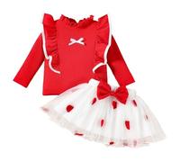 Tenue Bebe Fille Elegant Deux Pieces Soiree Haut Cotes Dentelle Blanc Jupe Demi Courte Resille 3-24 Mois(Red, 9-12 Months)