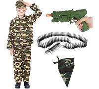Tenue camouflage pour garçon avec mitrailleuse, ceinture de balle et bandana - Costume de soldat pour enfants pour la semaine du livre, les fêtes et les jeux de rôle de l'armée - Taille M