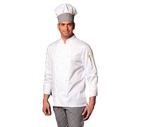 Tenue complète pour chef cuisinier, composée d’une veste blanche, d’un pantalon poivre et sel et d’une toque, Homme, 0643380487896, bianco, L