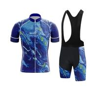 Tenue Cycliste Homme Maillot Velo Homme Cycliste Manche Courte, Vêtements de Vélo VTT et Cuissard à Bretelle avec 19D Coussin Gel(Blau,Large)