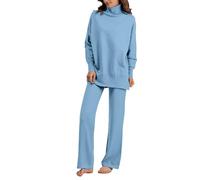 Tenue D Intérieur Femme Pyjama Hiver Femme Chaud Pull Tricoté à Manches Longues Et Col Roulé pour Couleur Unie Pantalon à Jambes Larges Tenue Noël Robe De Chambre Light Blue One Size