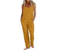 Tenue d'aéroport Co Ord pour femme - Ensemble complet en coton et lin - Élégant et décontracté - Col rond - Tenue de détente pour femme - Pantalon à jambe large avec poches et cordon de serrage, 23