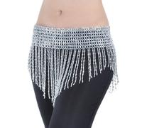 Tenue Danse Orientale Femme, Foulard Danse Orienta Femmes BellyDance Vêtements Tassel Hand Scarf Belly Dance Elastic Courroie enveloppée avec or/argent franges perlées(Silver small beads)
