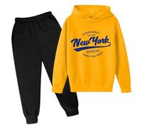 Tenue d'automne 2 pièces à capuche pour filles et enfants New York Active Survêtement de survêtement pour tout-petits Ensemble de survêtement de voyage avec lettre graphique, jaune, 5-6 ans