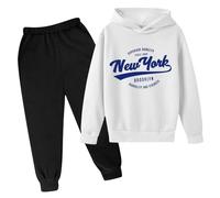 Tenue d'automne 2 pièces à capuche pour filles et enfants New York Active Survêtement de survêtement pour tout-petits Ensemble de survêtement de voyage avec lettre graphique, blanc, 5-6 ans