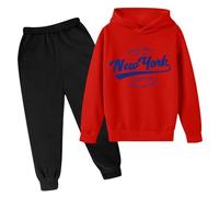 Tenue d'automne 2 pièces à capuche pour filles et enfants New York Active Survêtement de survêtement pour tout-petits Ensemble de survêtement de voyage avec lettre graphique, Rouge, 5-6 ans