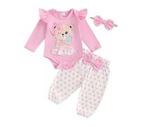Tenue d'automne pour bébé fille nouveau-né fille 3 pièces ensemble de vêtements ours broderie barboteuse à pois pantalon nœud bandeau mignon printemps survêtement vêtements, rose, 0-3 mois