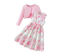 Tenue d'automne pour filles : robe de saison composée d'une veste unie, d'un débardeur à motifs floraux et d'une robe à manches longues, idéale pour l'automne. Ensemble composé d'une (Red, 7-8 Years)