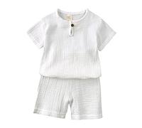 Tenue de baptême pour garçon et fille - Pull solide à manches courtes en coton et lin - T-shirt à col rond - Ensemble de vêtements - T-shirt bleu, Blanc., 1-2 ans