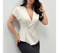 Tenue de bureau élégante et décontractée pour femmes, blazer ajusté à manches courtes, col en V, taille cintrée, boutons et ourlet asymétrique. Convient pour le travail, l'enseignement et les tenues p