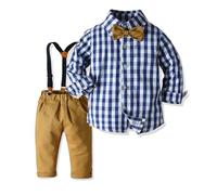 Tenue de cérémonie pour bébé garçon de 6 mois à 9 ans, chemise habillée en coton doux avec nœud papillon et pantalon à bretelles réglables, parfait pour mariage et fêtes (Blue, 12-24 Months)
