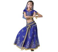 Tenue de danse indienne pour filles, costume de spectacle élastique en tissu léger, parfait pour les fêtes et représentations, taille adaptée aux enfants de 5 à 15 ans (Dark Blue, 5-7 Years)