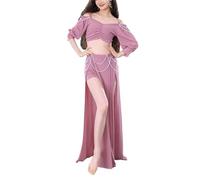 Tenue De Danse Orientale, Ensemble 2 Pièces Pour Femme Haut Court À Épaules Dénudées Et Manches Bouffantes Jupe Longue, Robe De Style Cour Spectacle, Pour Une Fête D'Halloween(Pink,L)
