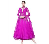 Tenue De Danse Standard Nationale pour Femme Robes De Compétition De Danse De Salon avec Strass Jupe De Danse Sociale De Valse Costume De Compétition De Tango Manches Longues,Plumpurple,M