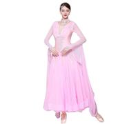 Tenue De Danse Standard Nationale pour Femme Robes De Compétition De Danse De Salon avec Strass Jupe De Danse Sociale De Valse Costume De Compétition De Tango Manches Longues,Rose,M