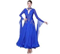 Tenue De Danse Standard Nationale pour Femme Robes De Compétition De Danse De Salon avec Strass Jupe De Danse Sociale De Valse Costume De Compétition De Tango Manches Longues,Bleu,S