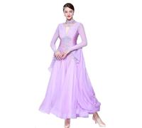 Tenue De Danse Standard Nationale pour Femme Robes De Compétition De Danse De Salon avec Strass Jupe De Danse Sociale De Valse Costume De Compétition De Tango Manches Longues,Violet,M