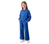 Tenue de détente assortie 2 pièces pour filles, chemisier à manches longues boutonné sur le devant, pantalon droit doux et décontracté, coupe décontractée pour enfants de 8 à 12 ans (1A-bleu, 9 à 10