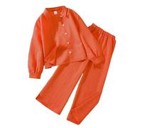 Tenue de détente assortie 2 pièces pour filles, chemisier à manches longues boutonné sur le devant, pantalon droit doux et décontracté, coupe décontractée pour enfants de 8 à 12 ans (1B-orange, 11-12