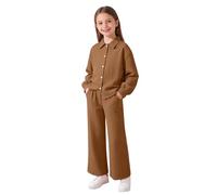 Tenue de détente assortie 2 pièces pour filles, chemisier à manches longues boutonné sur le devant, pantalon droit doux et décontracté, coupe décontractée pour enfants de 8 à 12 ans (1A-café, 8-9 ans)