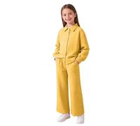 Tenue de détente assortie 2 pièces pour filles, chemisier à manches longues boutonné sur le devant, pantalon droit doux et décontracté, coupe décontractée pour enfants de 8 à 12 ans (1A-jaune, 7-8 ans