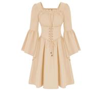 Tenue de fête de la bière pour femme - Couleur unie - Manches trompettes - Avec ceinture - Robe médiévale pour femme - Robe gothique de soubrette, Blanc., XXL